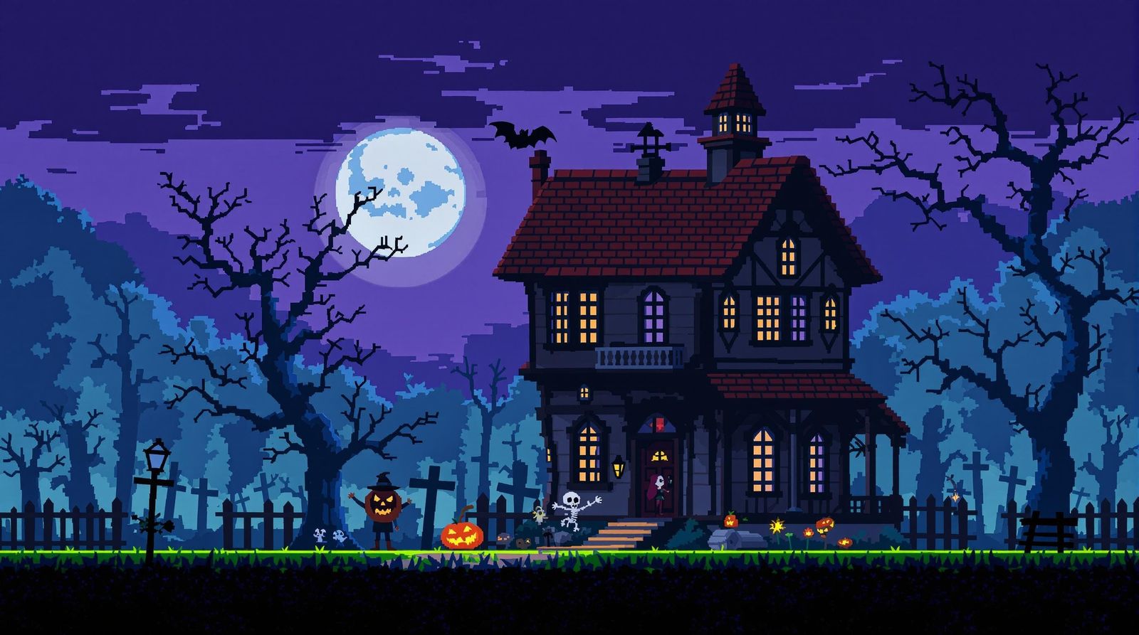 Colorful Haunted House in 8-Bit Pixel Art