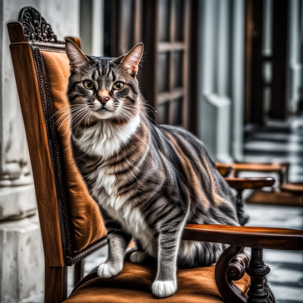 Cat Posing on Chair in Hyperrealistic Detail