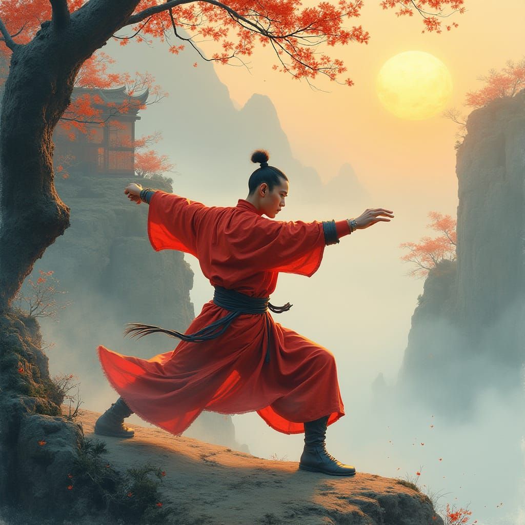 Martial Artist in Shaolin Attire, Practicing Kung Fu in Mist...