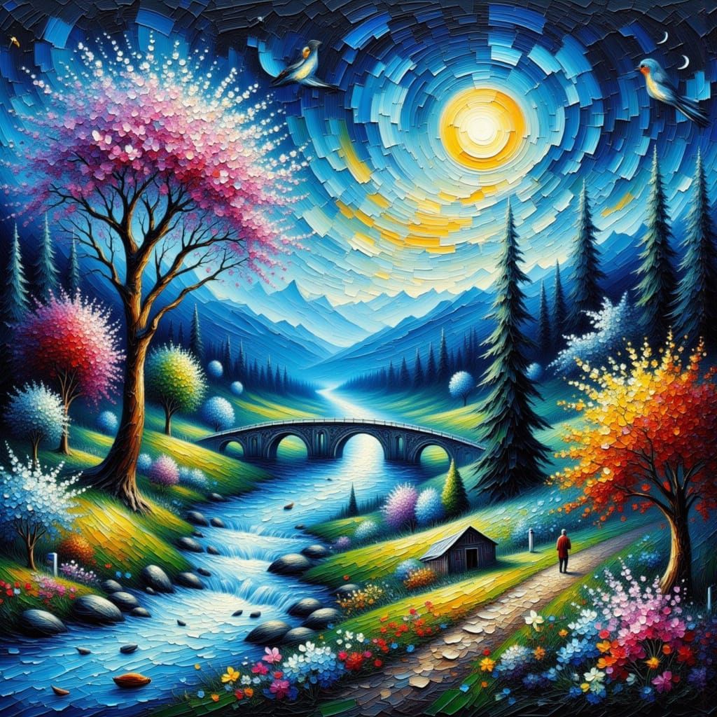 Moonlit Landscape in Impasto Style