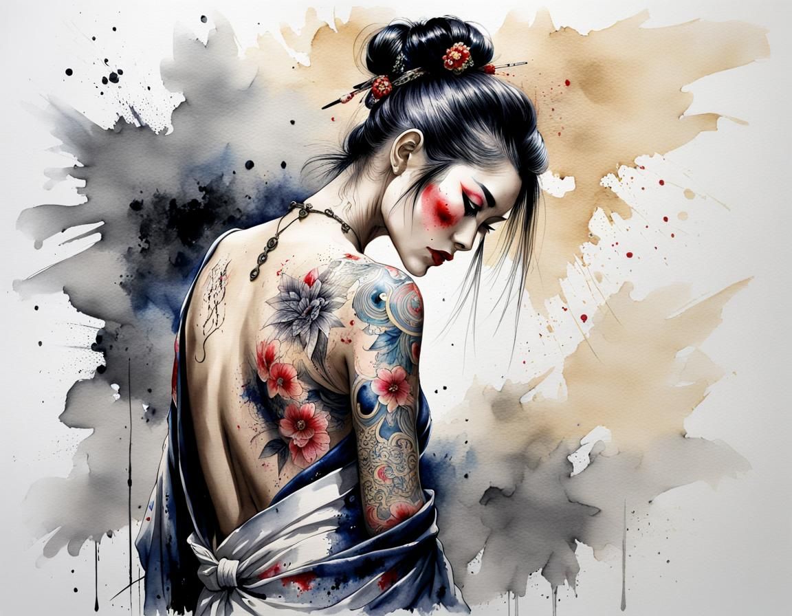 Tattooed Geisha Back in Watercolor Ink Style