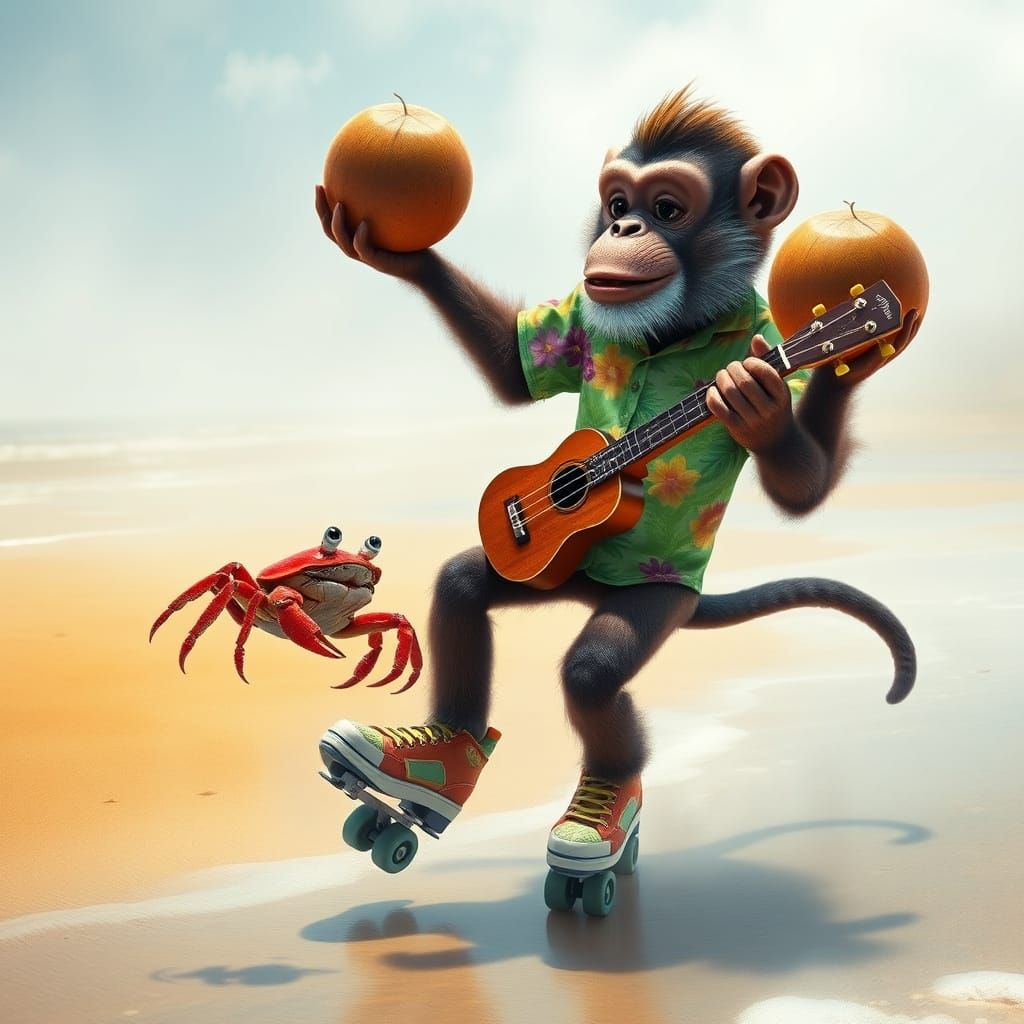 Vibrant Monkey in Hawaiian Shirt Roller-Skates on Tropical B...