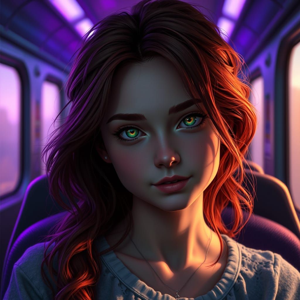 Dreamlike Portrait of a Brunette Girl in Ethereal Purple Lig...