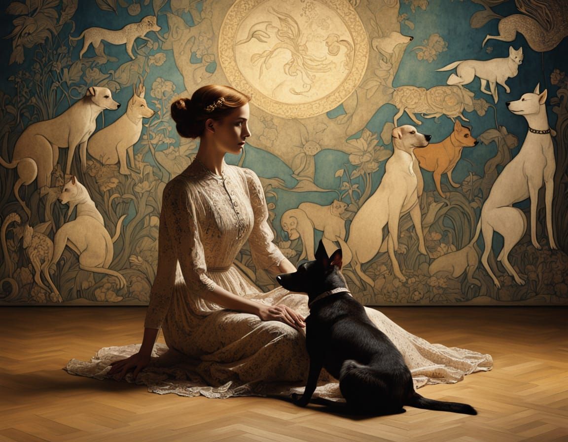 Whimsical Twilight Realm with Luminous Canine Shadows