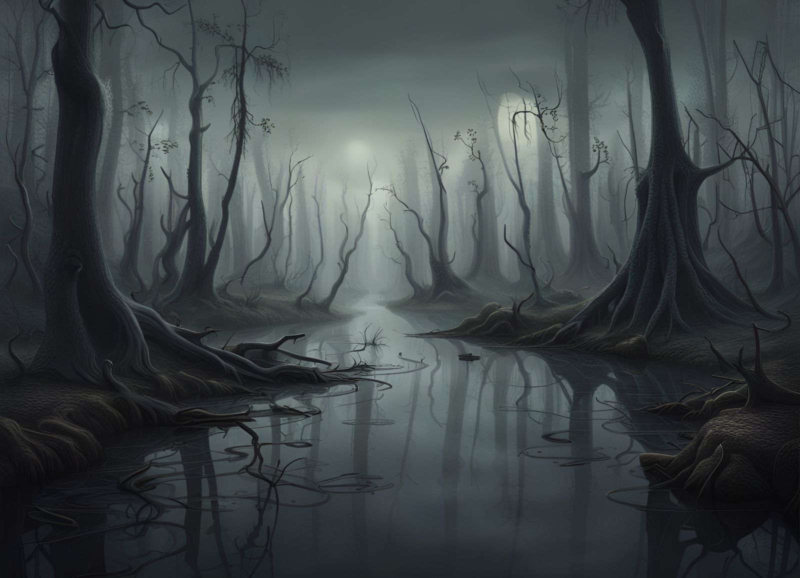 Foggy Swamp Forest in Grayscale: Digital Painting