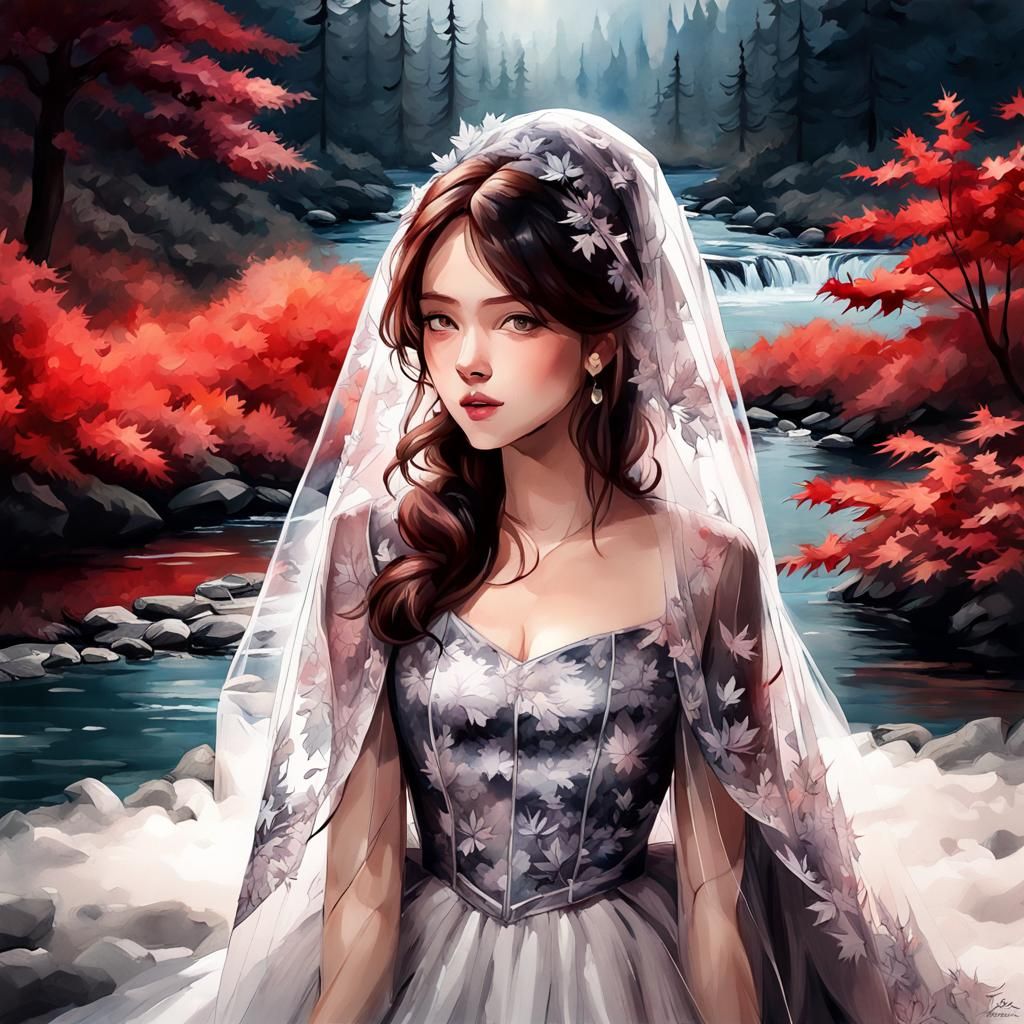 Maple Tree on Tulle Veil in Fantasy Watercolor