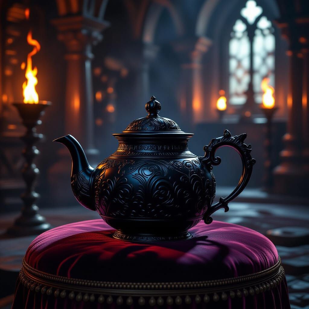 Obsidian Royal Teapot Artifact in Dark Fantasy Style