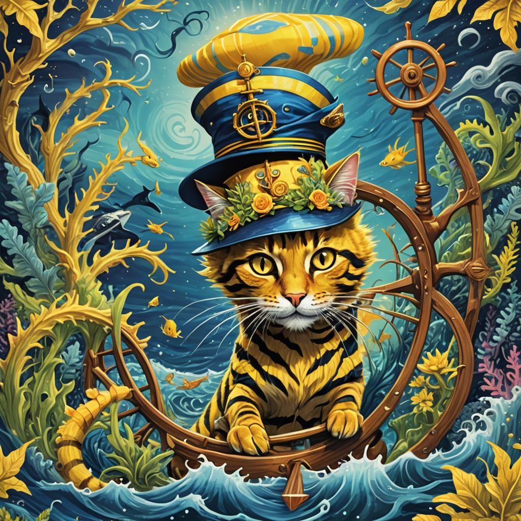 Magical Cat Sailor in Cosmic Ocean, by Pablo Amaringo