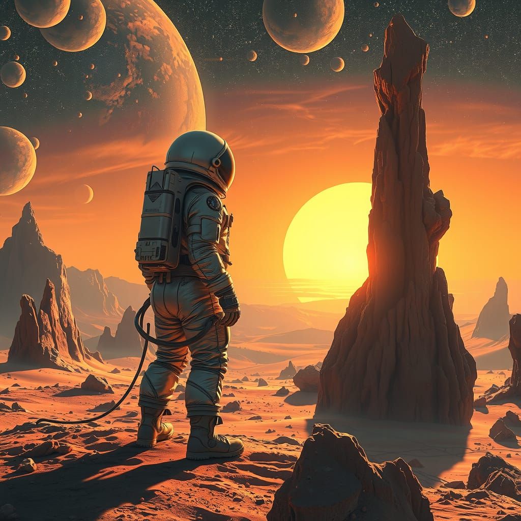 Astronaut on Alien Planet at Sunset