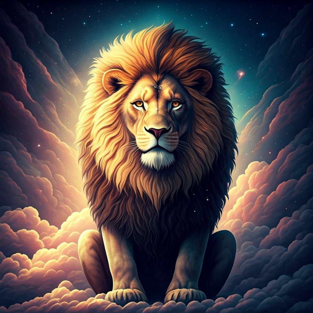 Lion with Starry Mane on Cloudy Throne