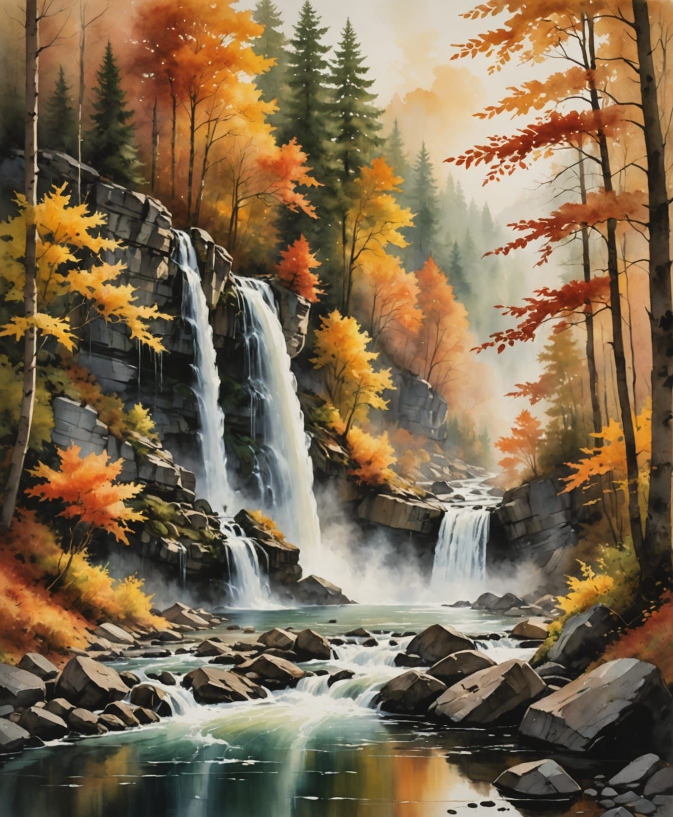 Autumn Waterfalls in Forest Sunlight, Watercolor Style