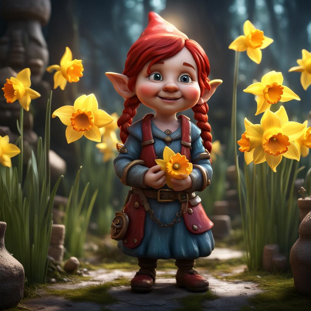 Glass Gnome Guardian with Daffodil: Fantasy Art