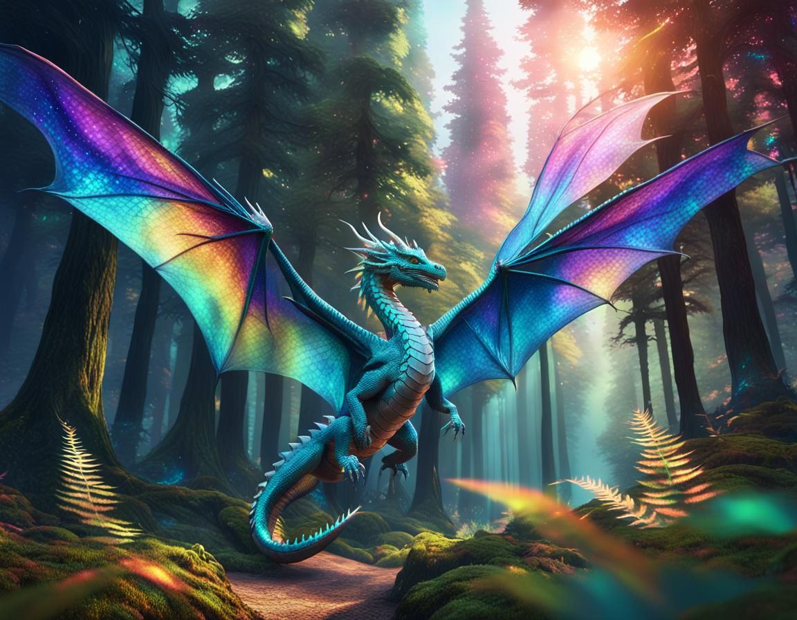 Iridescent Dragon Flight in Magical Forest