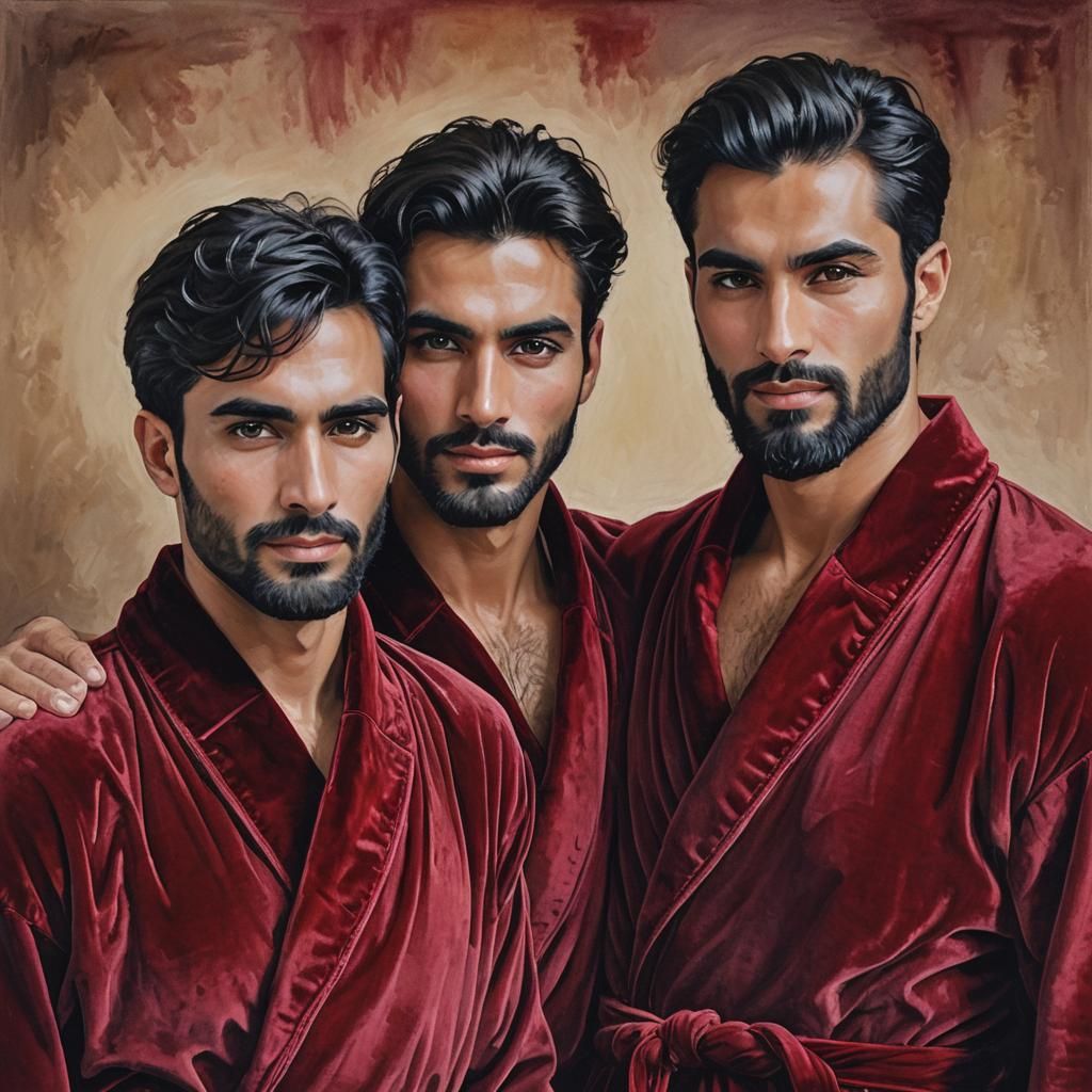 Handsome Afghan Men in Red Velvet, Impressionist Oil
