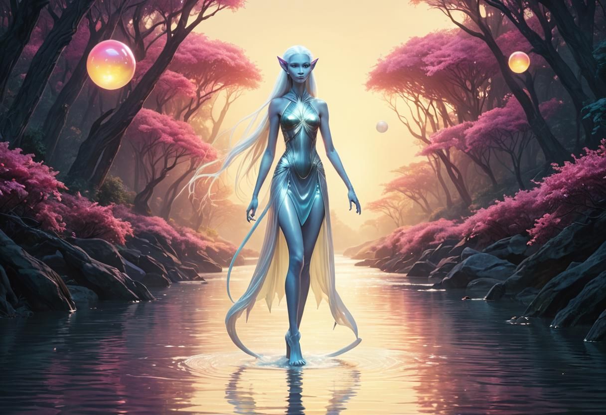 Iridescent Alien Being on Pastel River