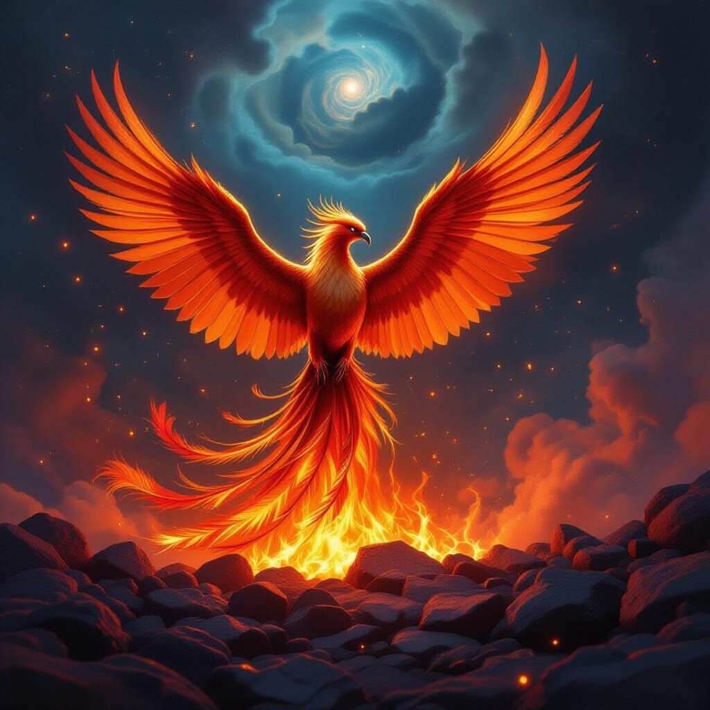 Majestic Phoenix Rises From Embers In Cosmic Surrealism Styl...