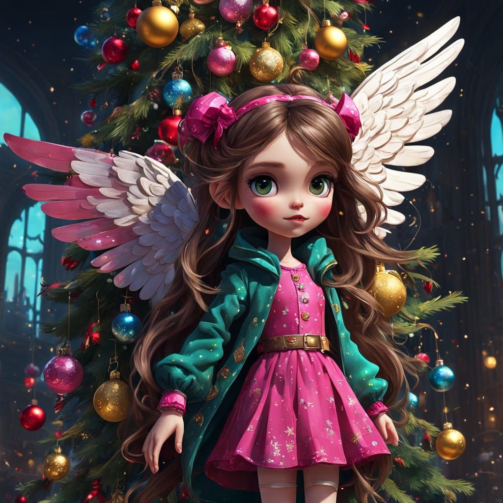 Vibrant 3D Cartoon Angel and Girl Pose Before Christmas Tree...