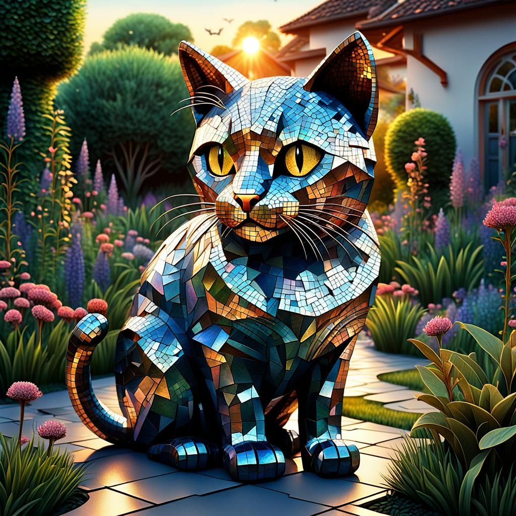 Metallic Mosaic Cat in Garden: 3D Render