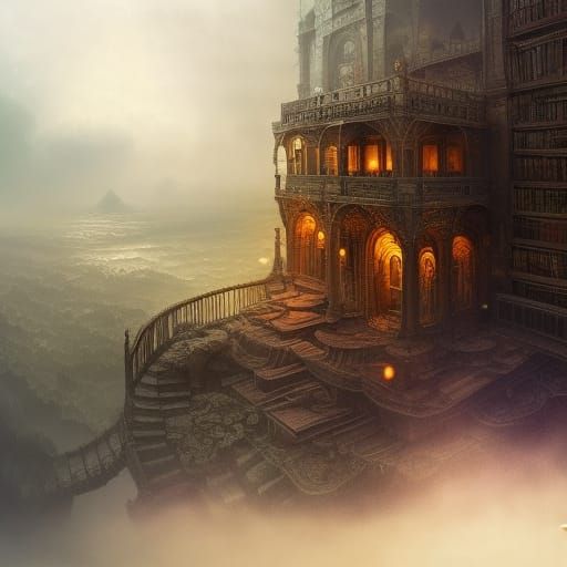 Hidden World Within Bookcase: Detailed Fantasy Art