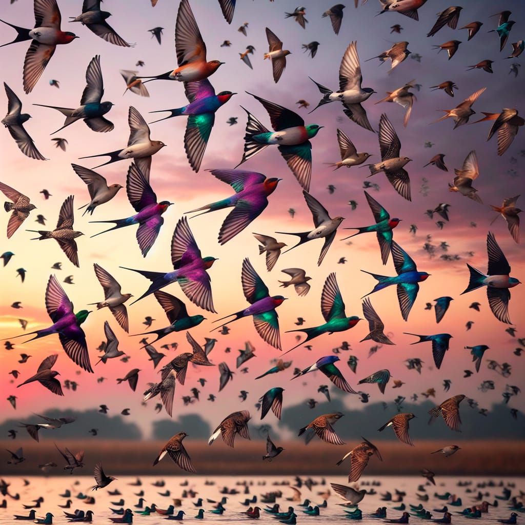 Diverse Flock of Birds Dances at Sunset