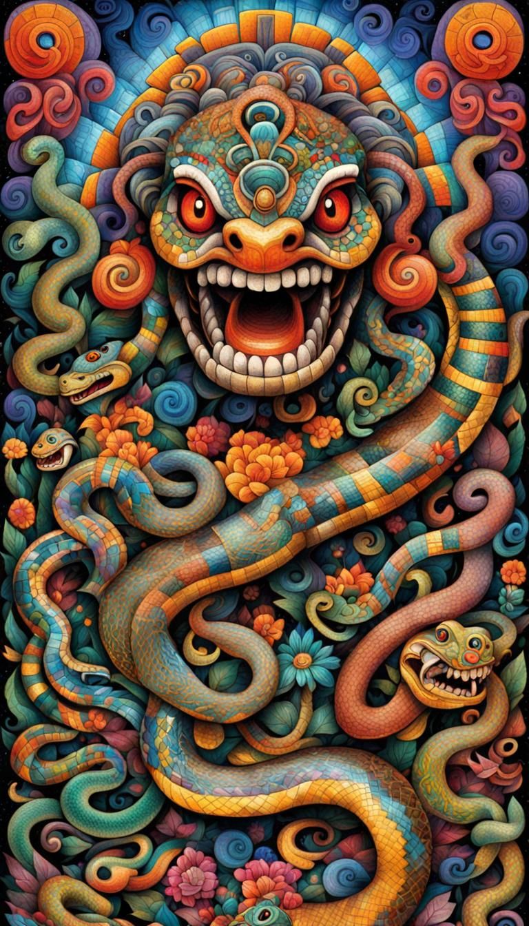 Snakes Emerging from Inca Statue in Colorful Art