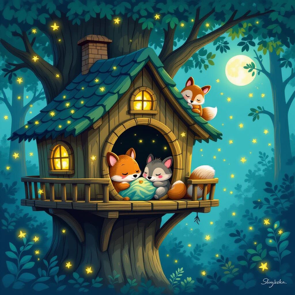 Forest Animals in Cozy Tree Houses: Whimsical Digital Art