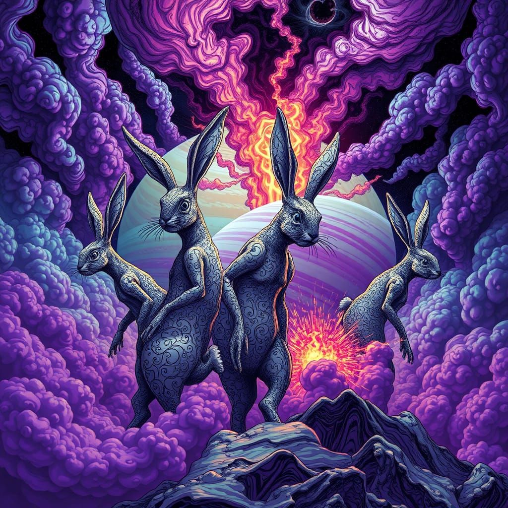 Surreal Rabbits Combusting on Jupiter in Massurrealist Style