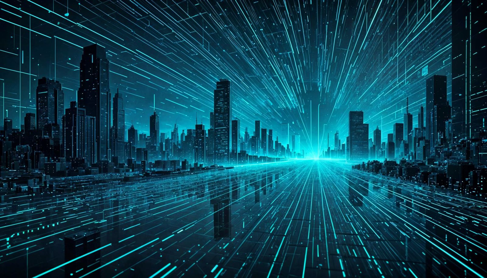 Code Cityscape with Holographic Symbols