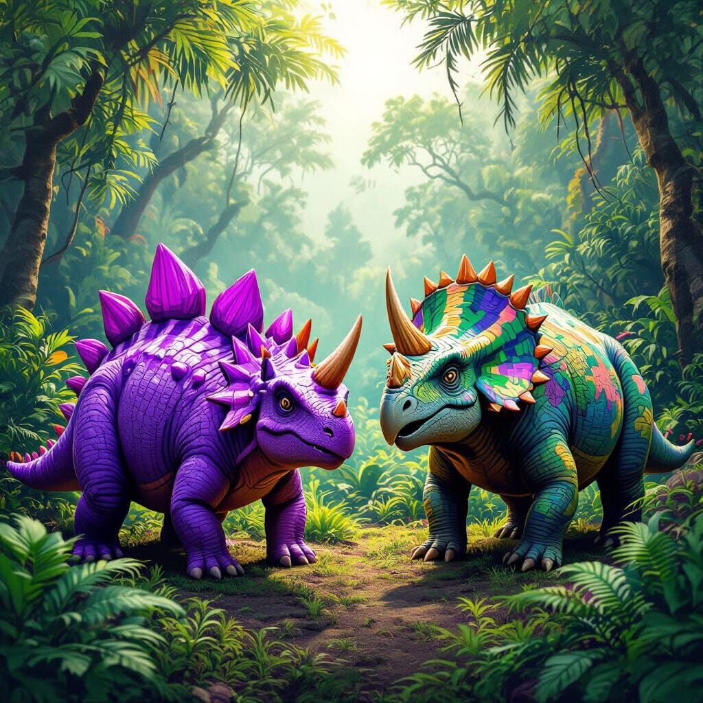 Purple Stegosaurus and Green Triceratops in Tropical Forest