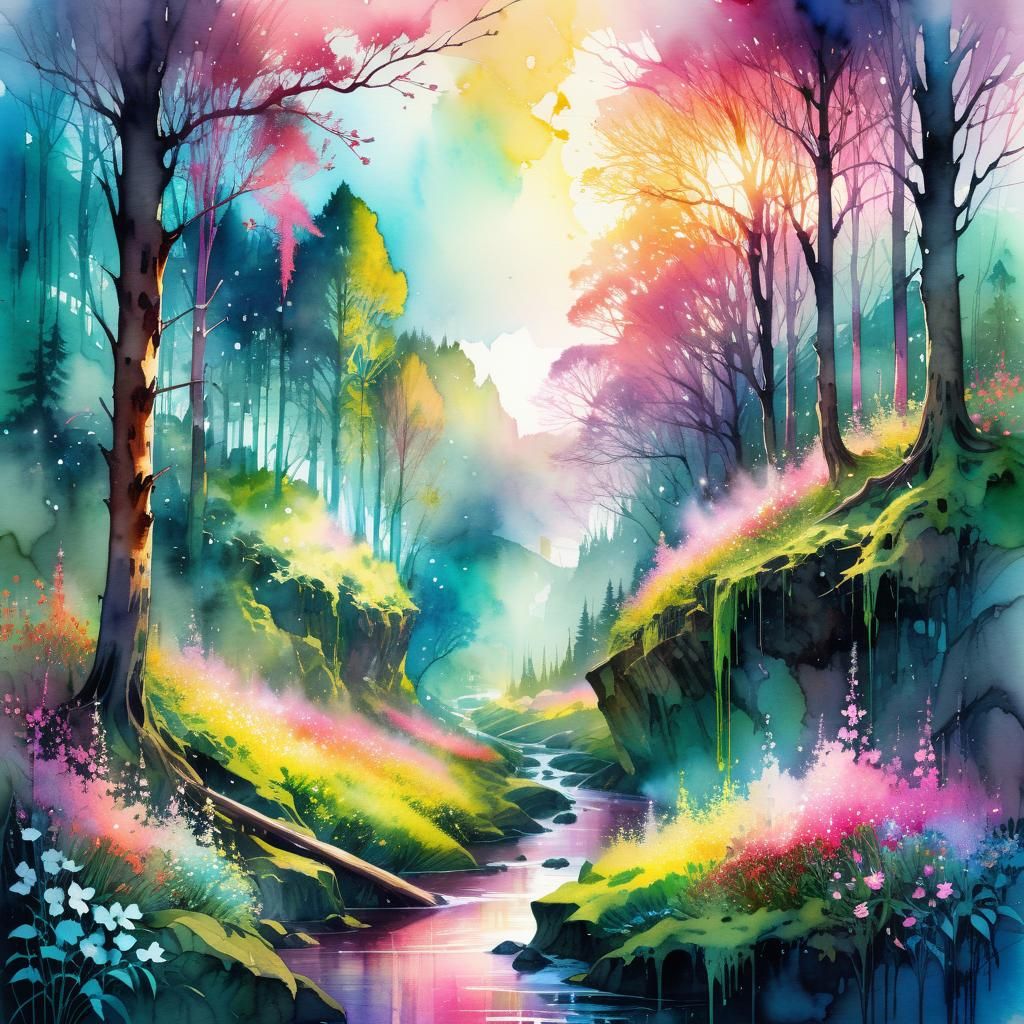 Spring Forest Watercolor Dreamscape with River