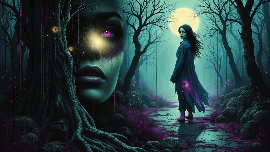 Mysterious Woman Faces Fearsome Presence in Moonlit Forest