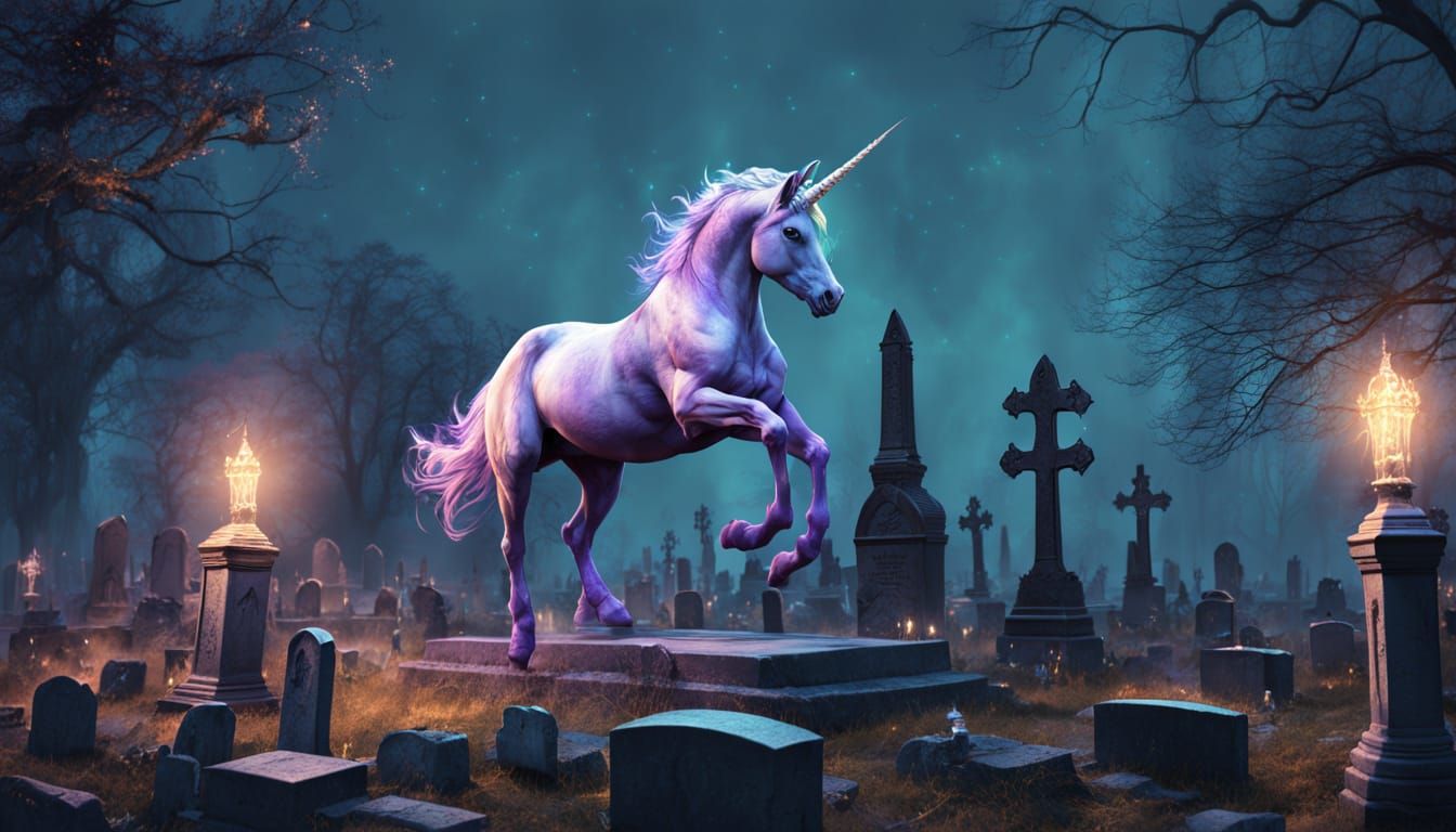 Spectral Unicorn Prances in Graveyard, Dark Fantasy Art
