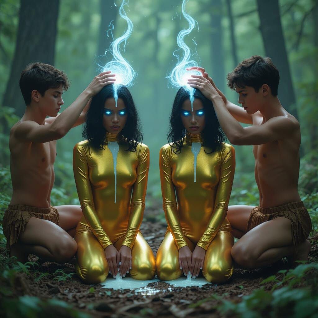 Hypnotized Twins in Mystical Forest, Cinematic Style