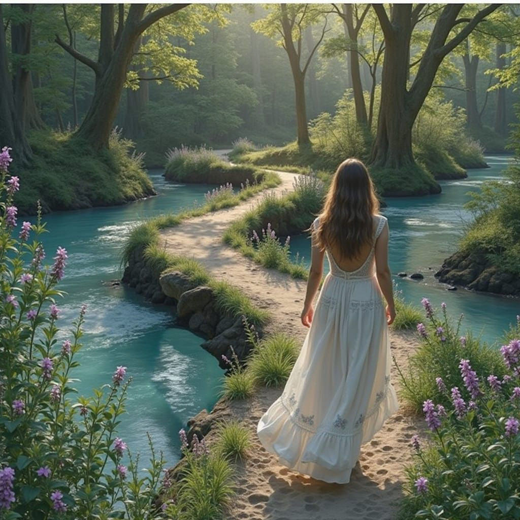 Girl in Elegant White Maxi Dress Strolls on Beachy Woodland...