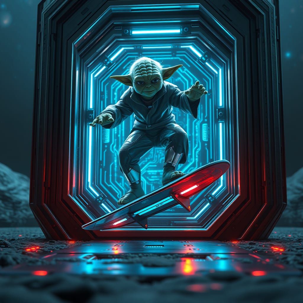 Yoda Surfing on Futuristic Door in Sci-Fi Dreamscape