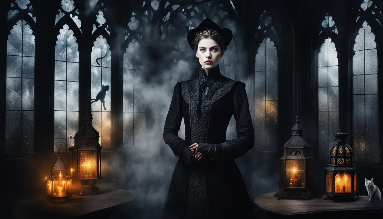 Gothic mage and her black cat and her medieval alchemy lab