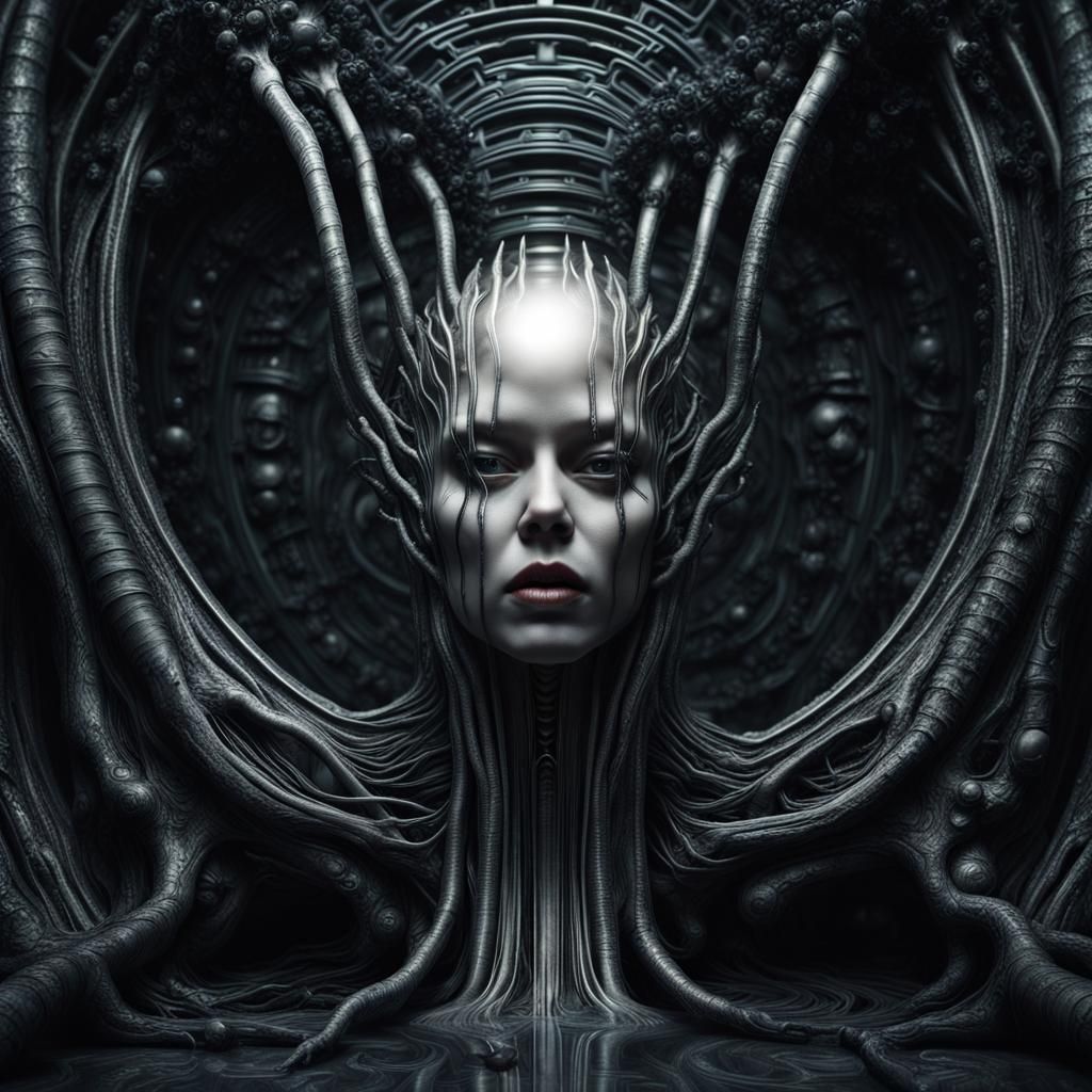 Dark Sci-Fi Portrait in HR Giger Style