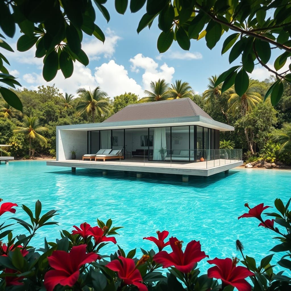 Modern House on Turquoise Lagoon in Tropical Futurism Style