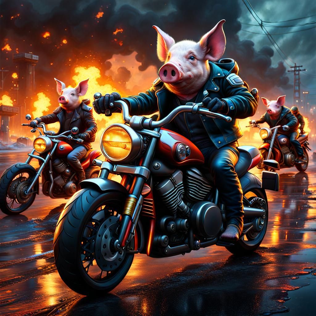 Pigs on Motorcycles in Post-Apocalyptic Landscape