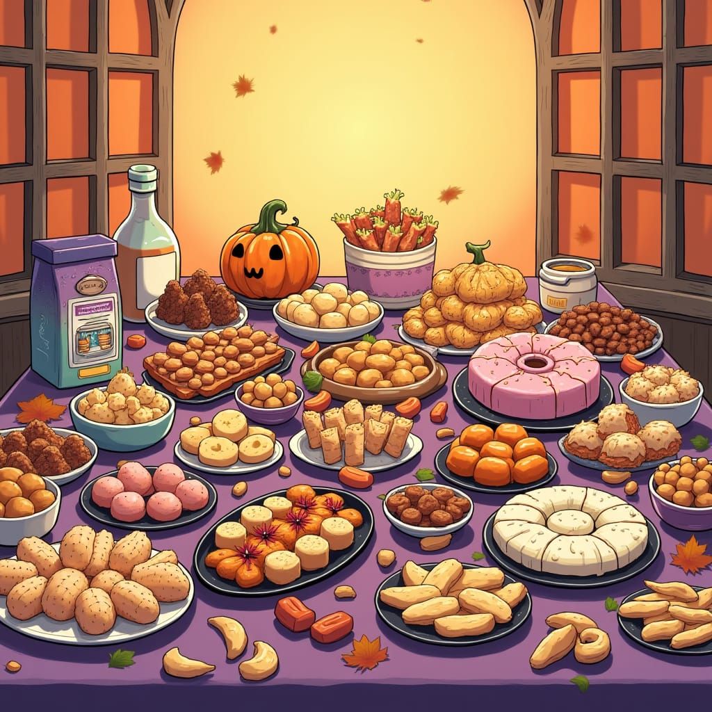 Halloween Snack Table in Vibrant Comic Style