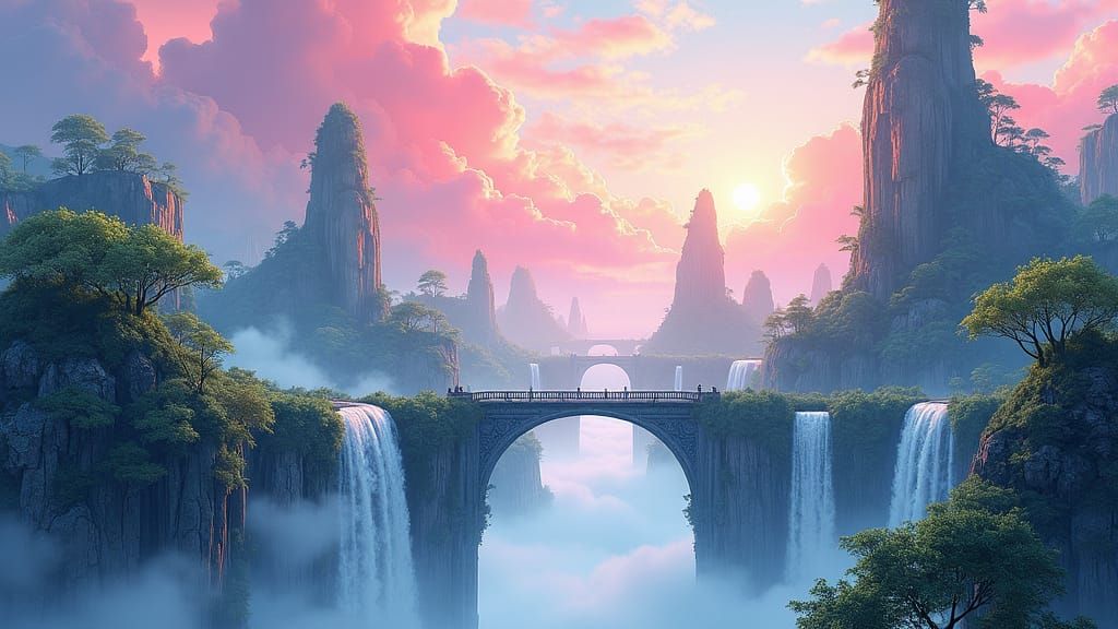 Celestial Floating Islands Panorama in Ink Wash Style