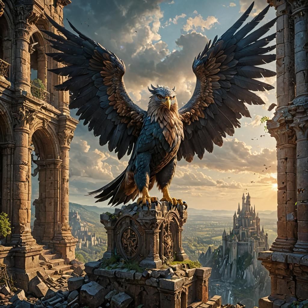 Epic Fantasy Griffin Unleashed Amidst Castle Ruins in Cinema...