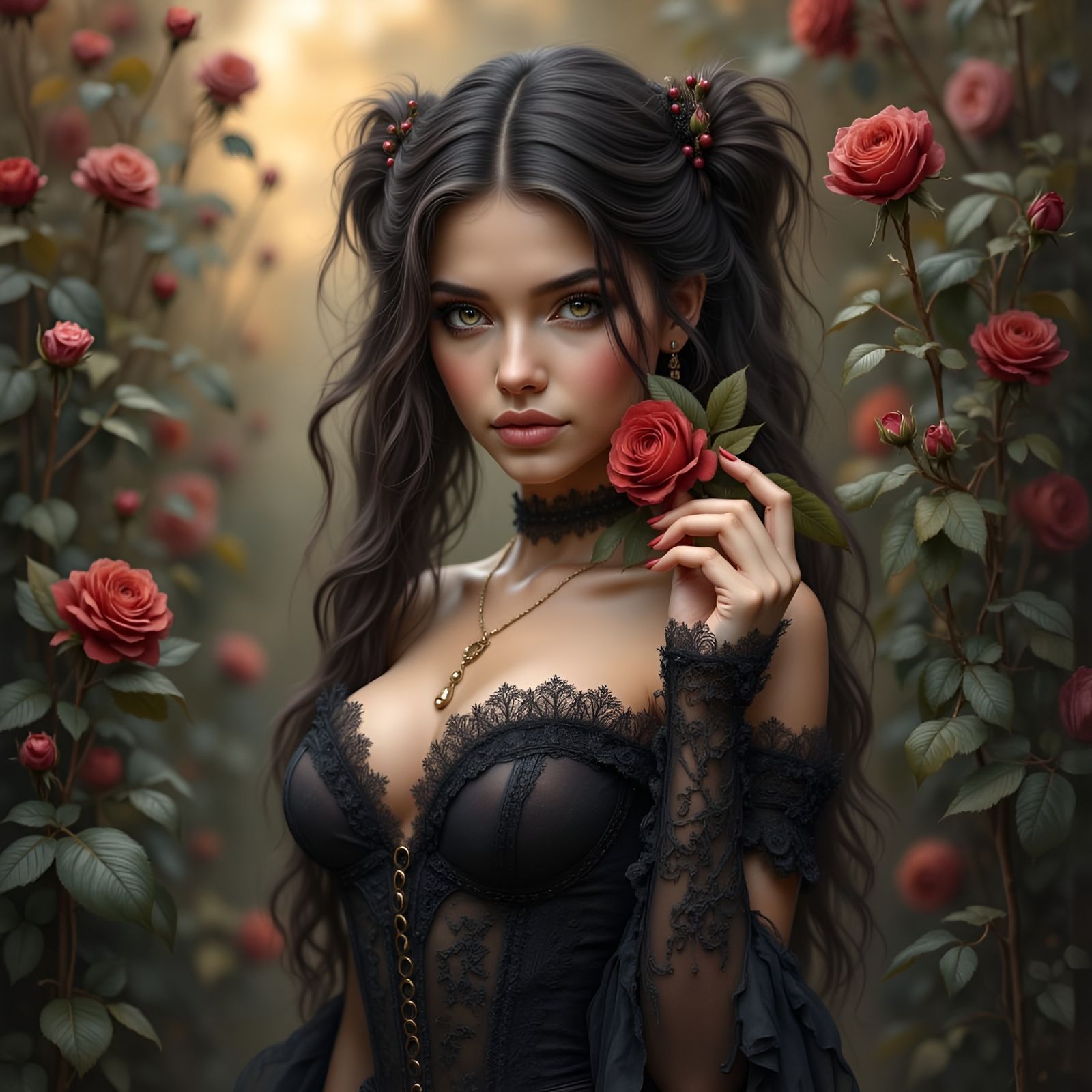 Elegant Woman in Gothic Bustier in Rose Garden