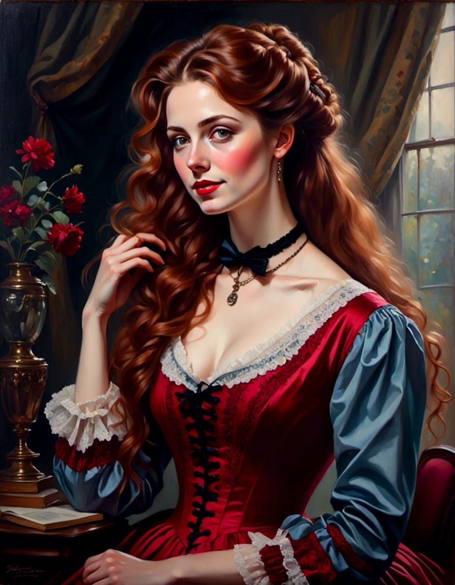 Victorian Woman in Red Velvet Dress Portrait