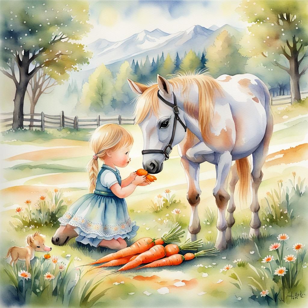 Girl Feeds Foal in Spring Meadow Watercolor