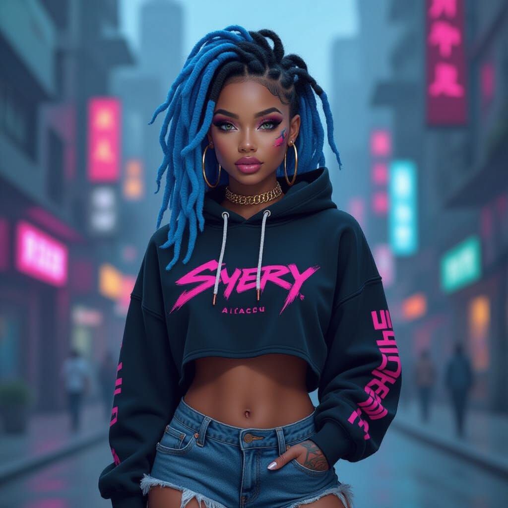 Cyberpunk Woman with Blue Hair and Pink Tattoos