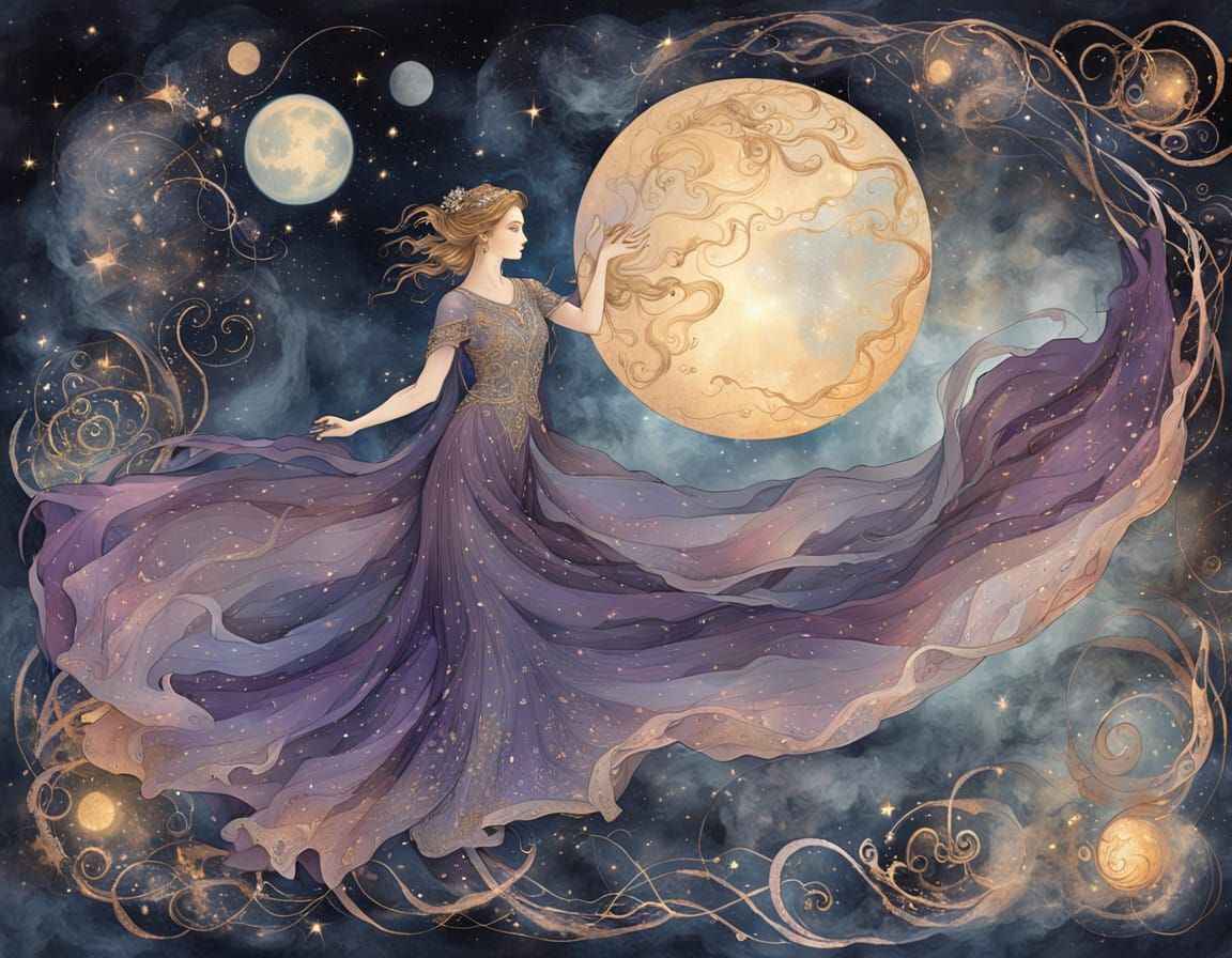 Ethereal Woman in Celestial Robes Conducts Cosmic Energy