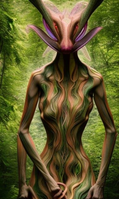 Mantis-Human Hybrid in Mycelium Network, Detailed Art