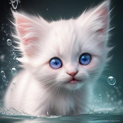 Hyperrealistic Fuzzy White Kitten in Water Droplets