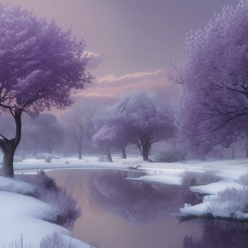 Snowy Lilac Landscape in Winter: An 8K Oil Painting